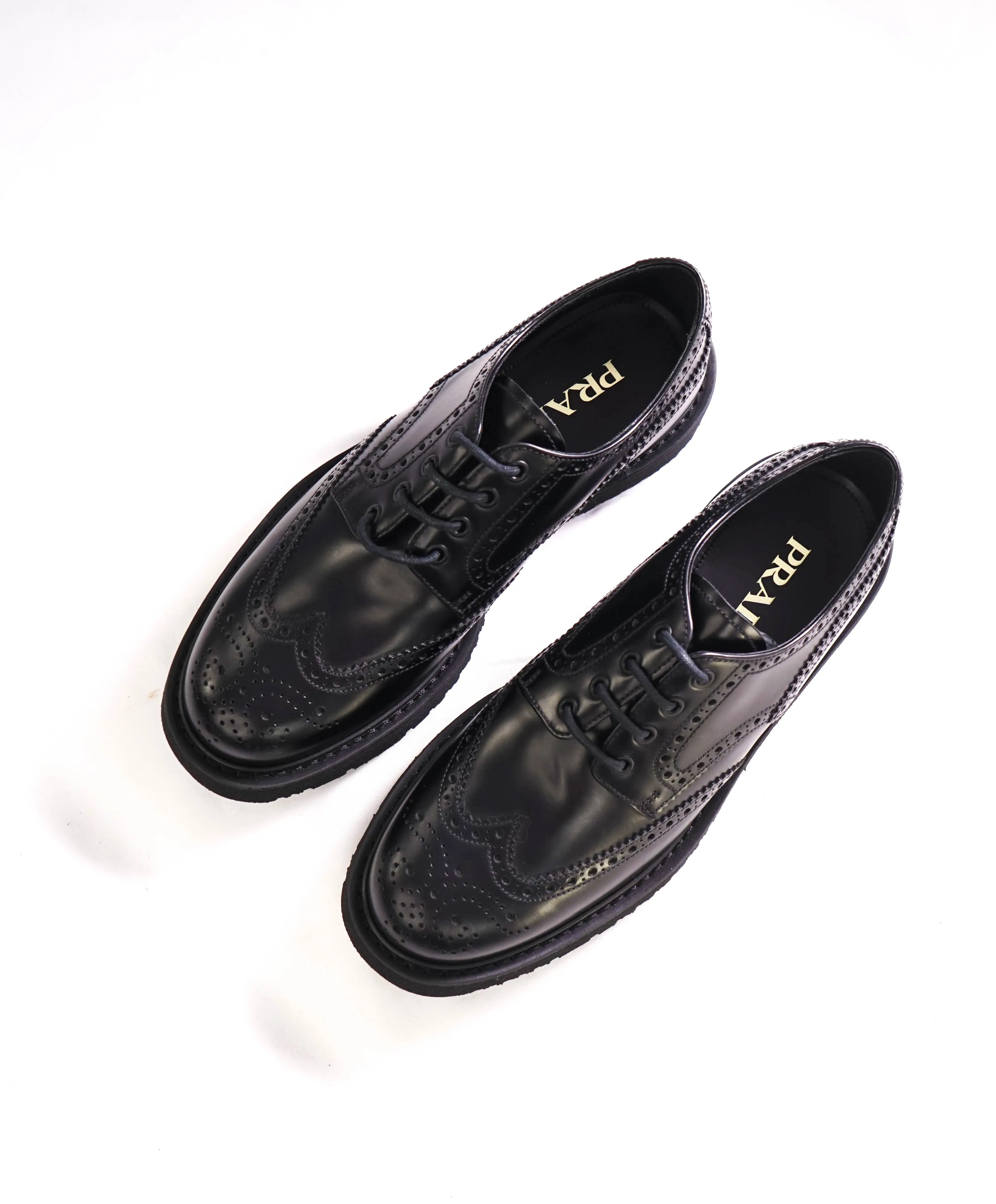 $1,320 PRADA - Black Leather Brogue Spazzolato Lug Sole Oxfords - 8.5 US (7.5 Prada)