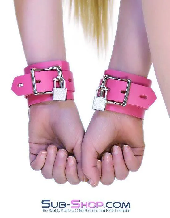 5733A      Kept Woman Locking Hot Pink Leather Bondage Wrist Cuffs