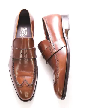 $750 SALVATORE FERRAGAMO - Brogue Brown Leather Penny Loafer- 12D