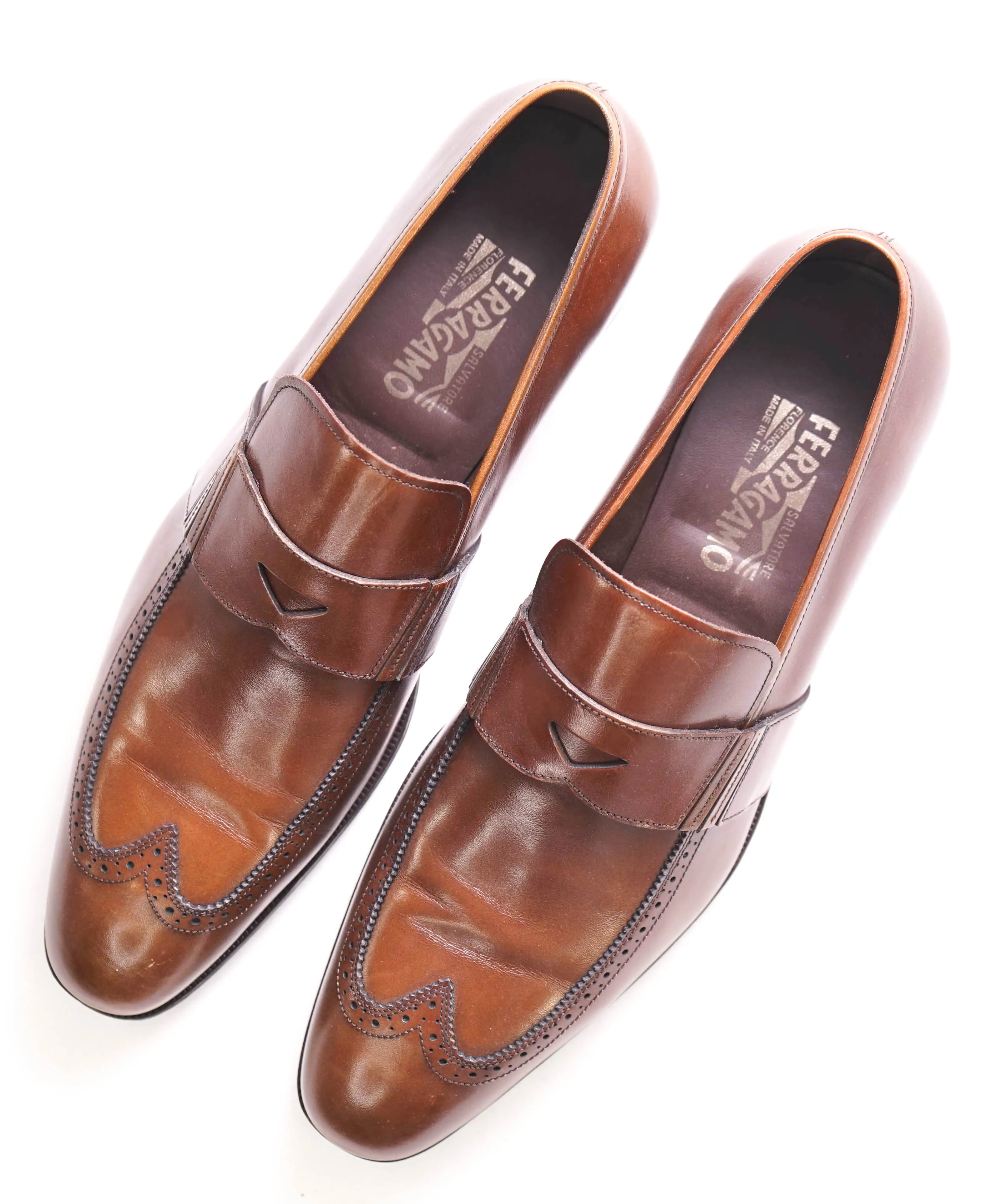 $750 SALVATORE FERRAGAMO - Brogue Brown Leather Penny Loafer- 12D