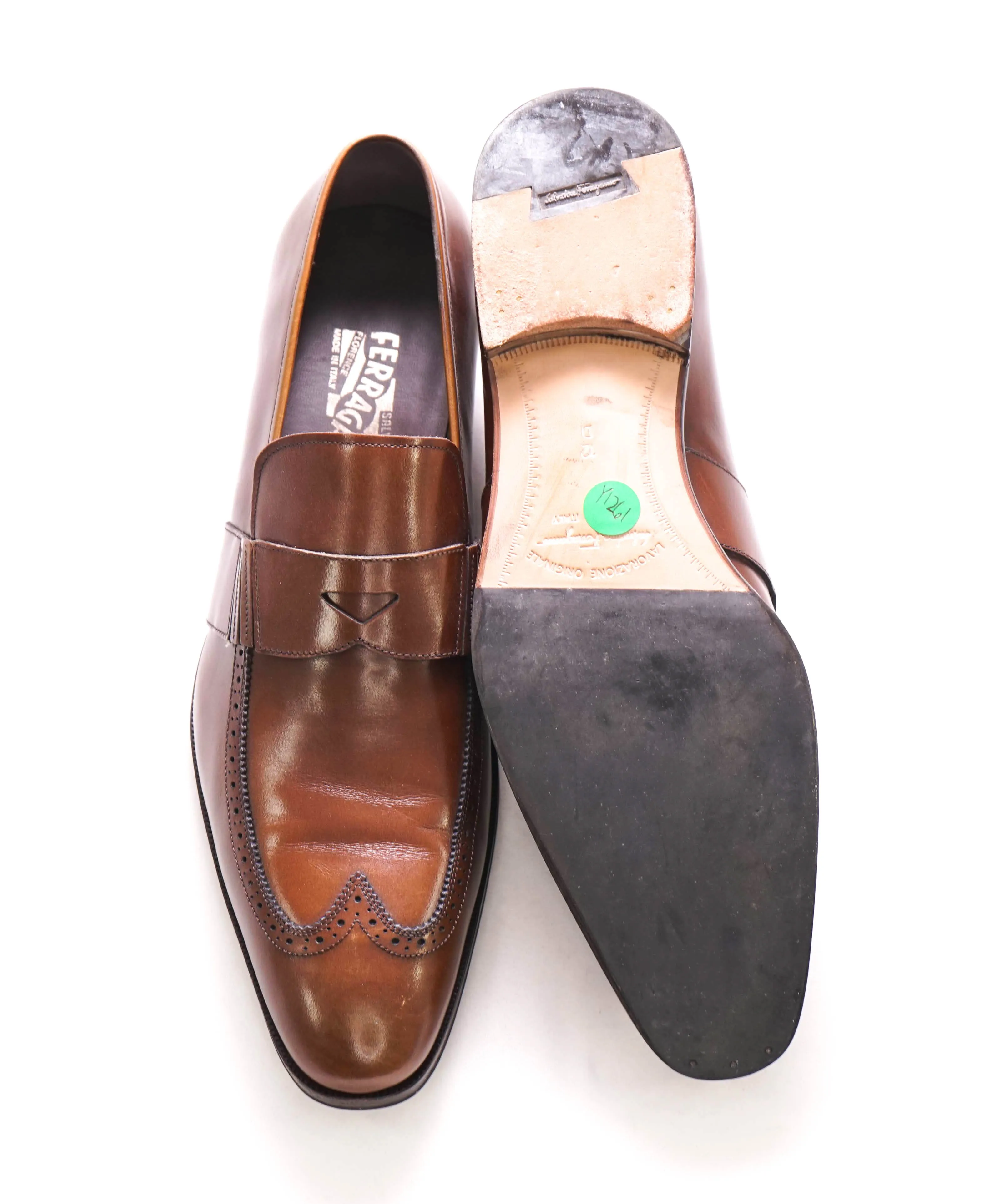 $750 SALVATORE FERRAGAMO - Brogue Brown Leather Penny Loafer- 12D