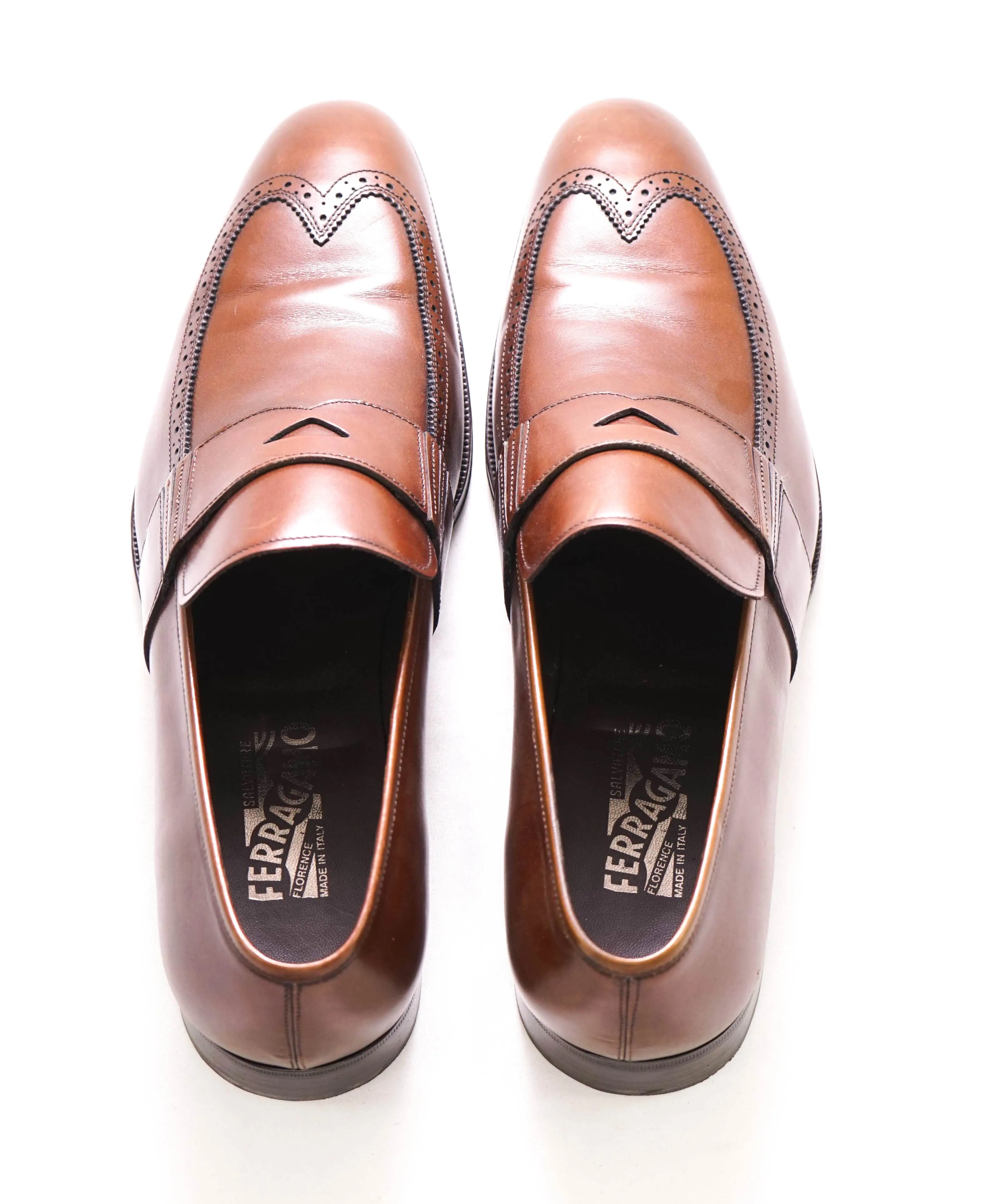 $750 SALVATORE FERRAGAMO - Brogue Brown Leather Penny Loafer- 12D