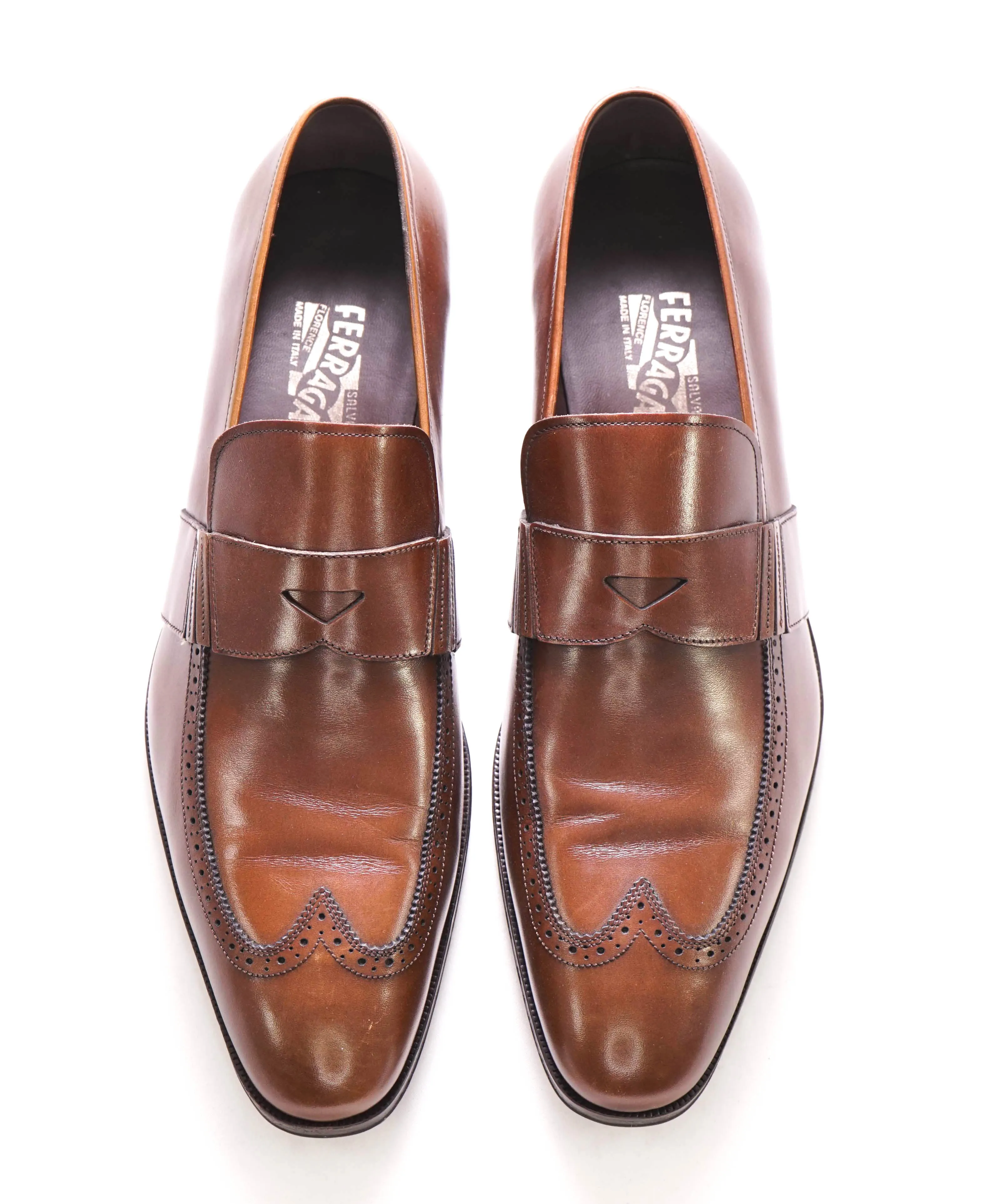 $750 SALVATORE FERRAGAMO - Brogue Brown Leather Penny Loafer- 12D
