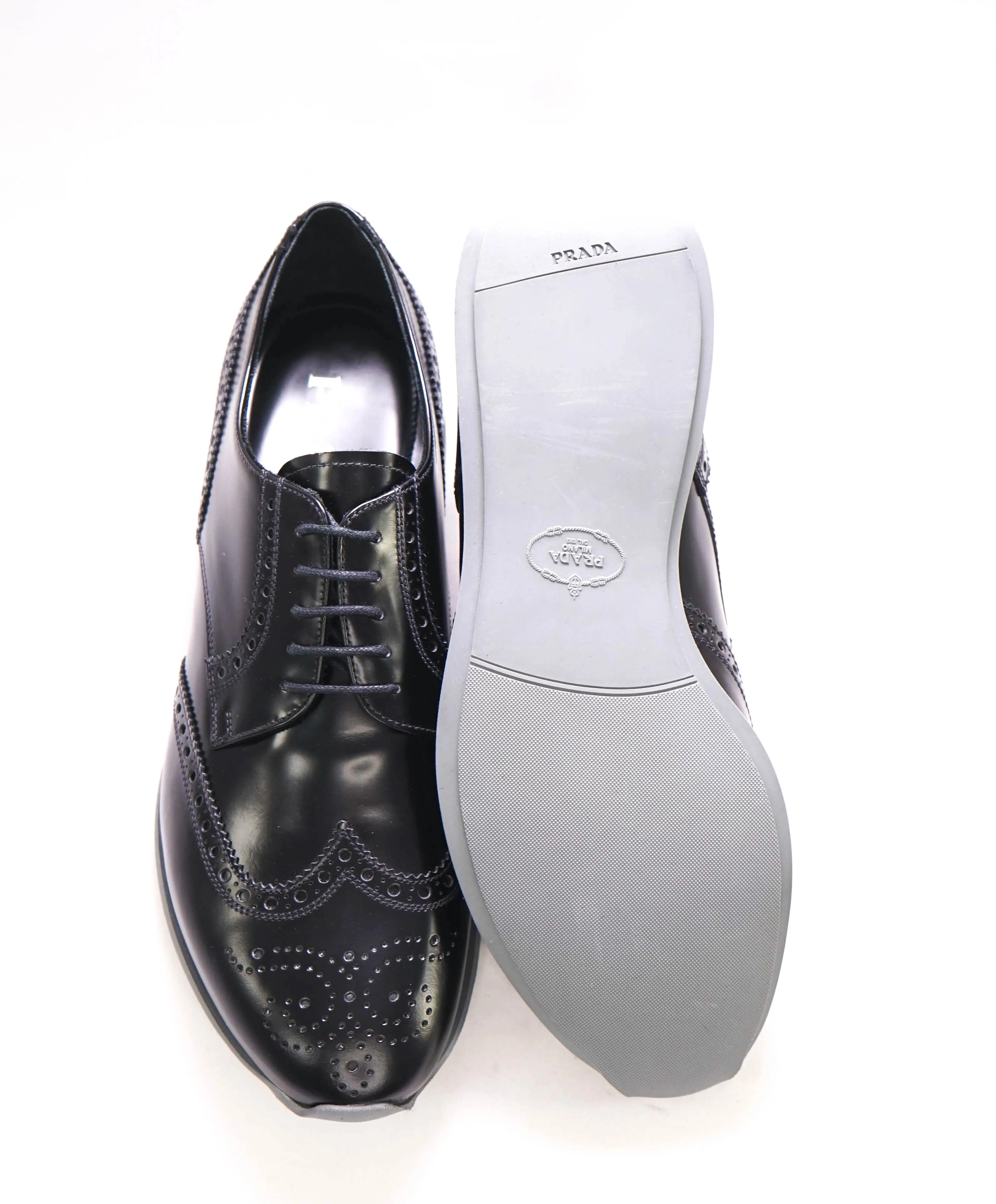 $950 PRADA - Black Leather Dress/Sneakers With Logo Brogue Detail - 10.5 US (9.5 IT)
