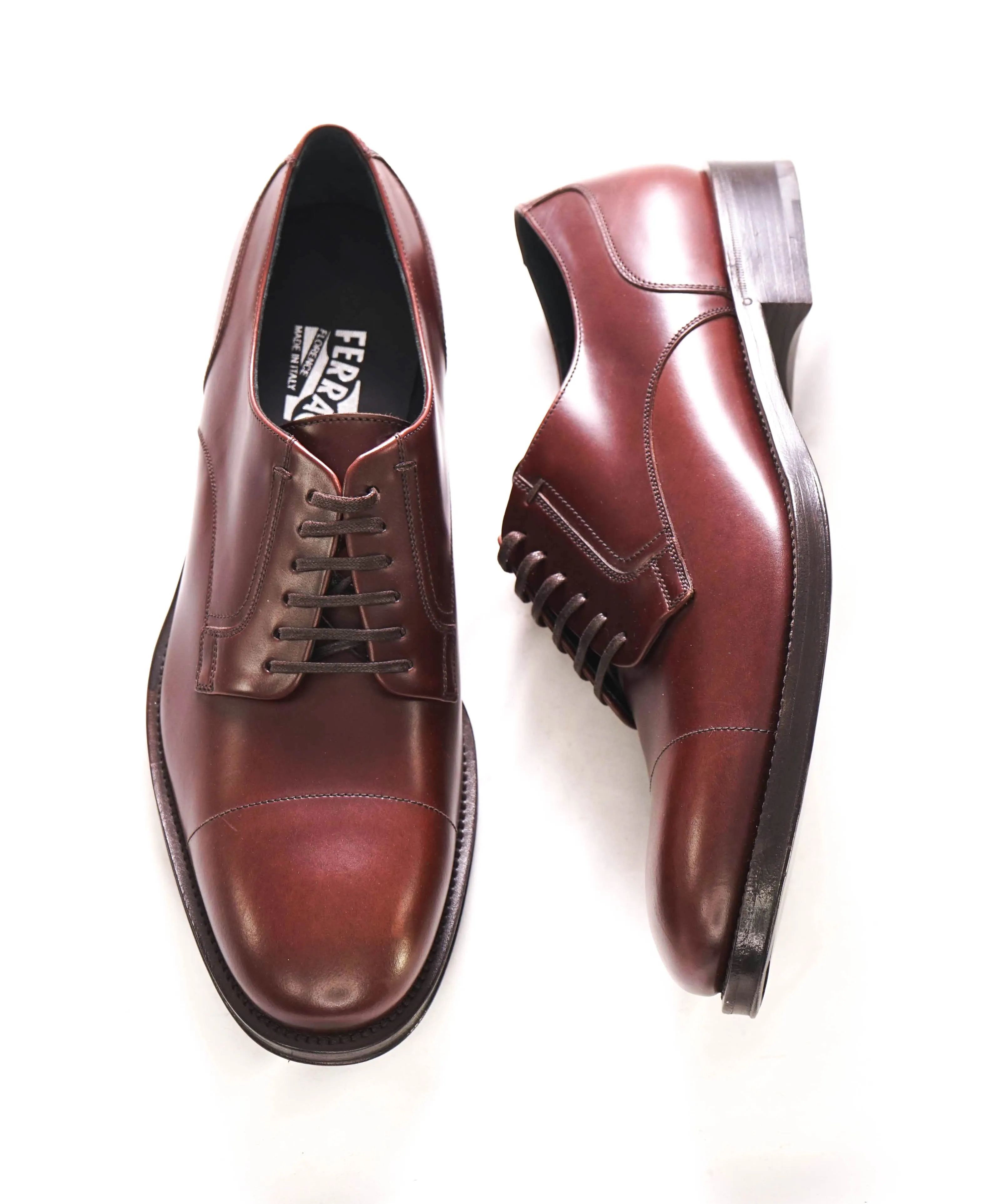 $950 SALVATORE FERRAGAMO -  Cap-Toe Cherry Brown Leather Oxfords Derby - 9 D US