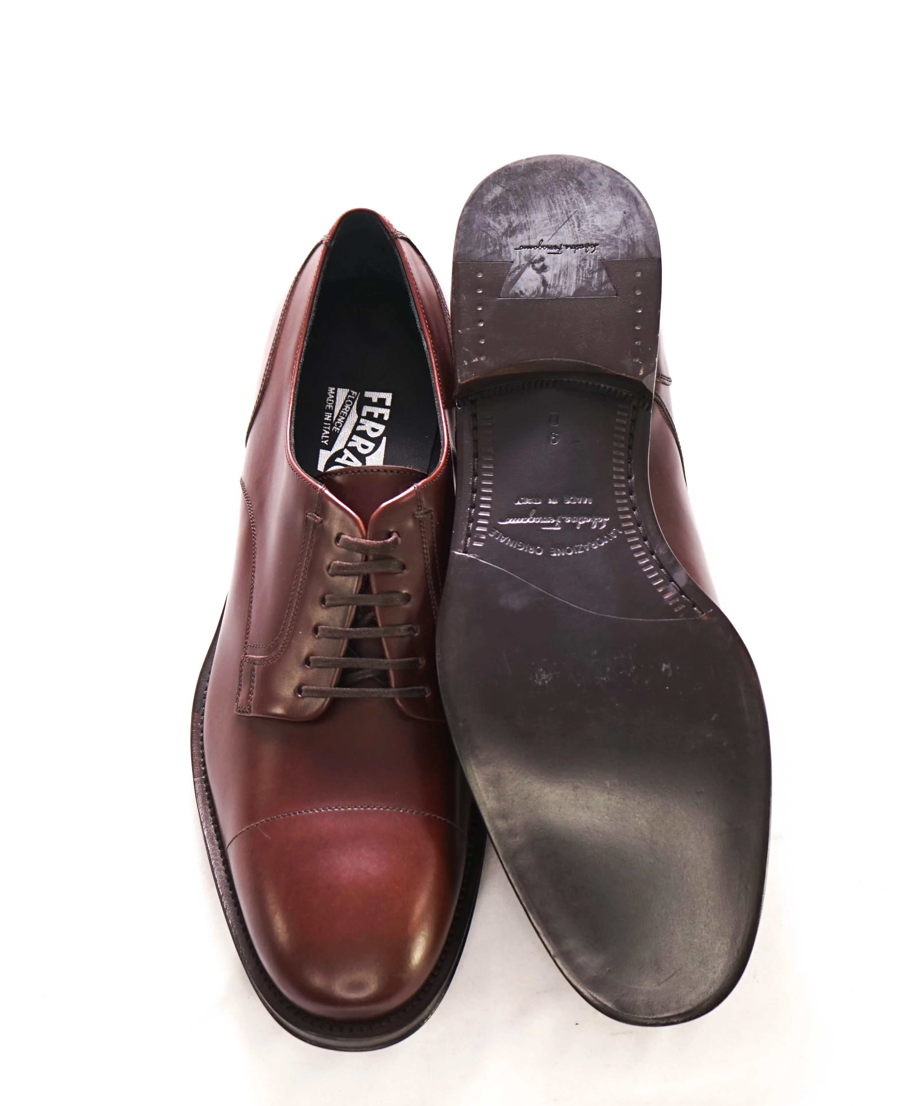 $950 SALVATORE FERRAGAMO -  Cap-Toe Cherry Brown Leather Oxfords Derby - 9 D US