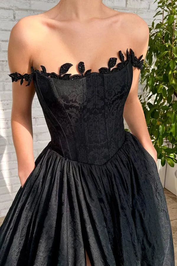 A Line Black Taffeta Split Long Prom Evening Dress With Pockets PSK368