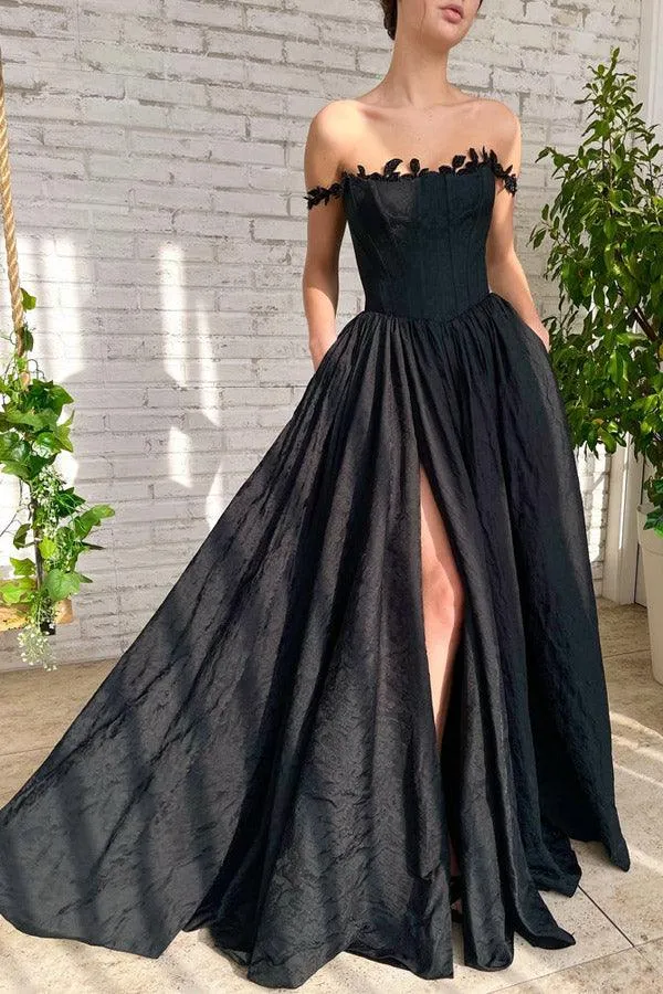 A Line Black Taffeta Split Long Prom Evening Dress With Pockets PSK368