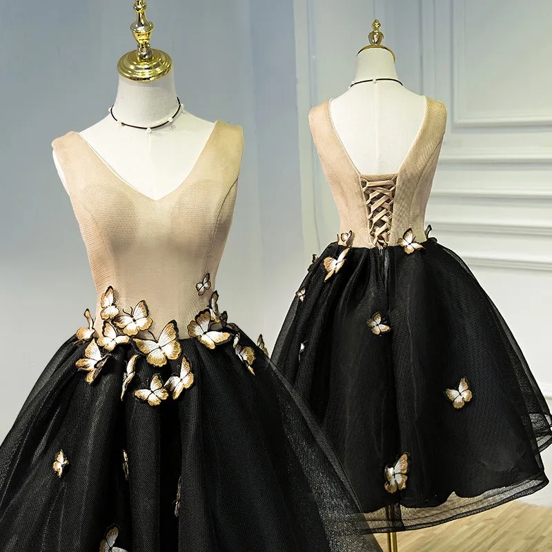 A Line Black V Neck Homecoming Dress, Sleeveless Prom Dress With Butterfly OKN68