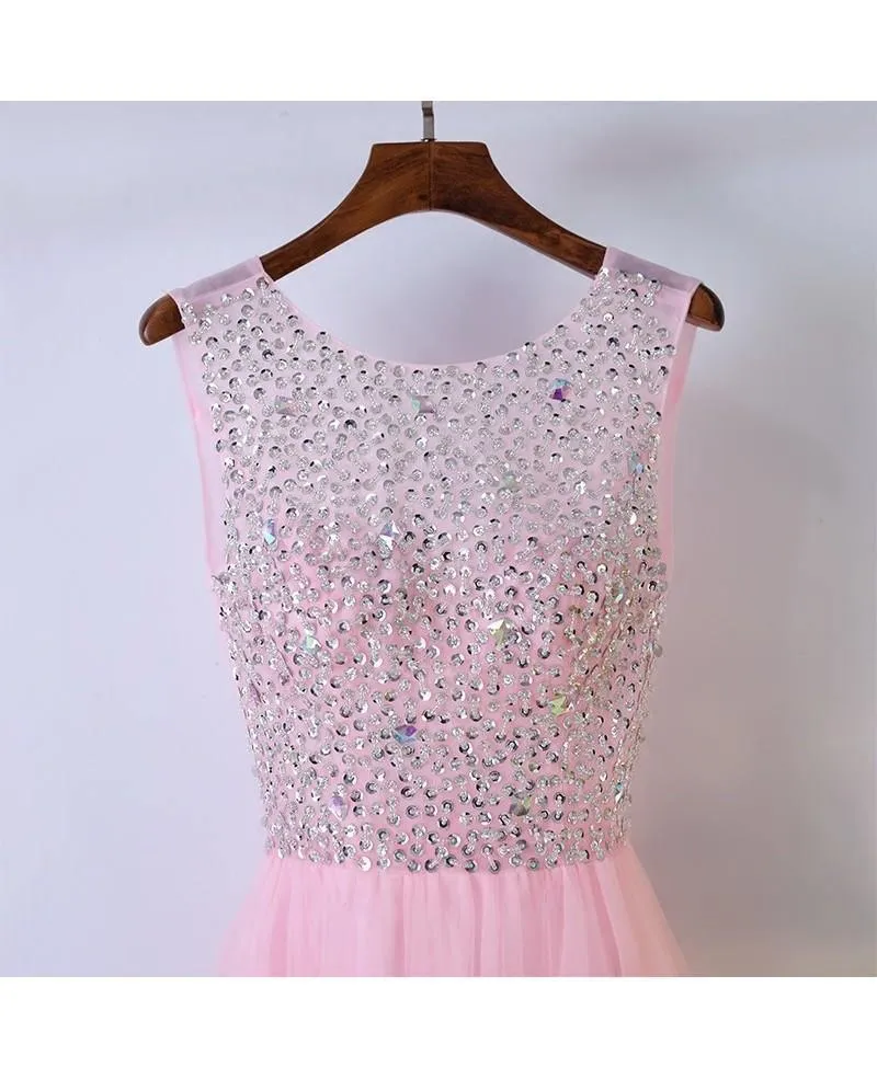 A-line Cute Pink Sleeveless Prom Dress With Bling Sequins PG629