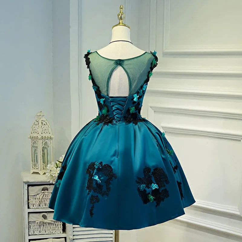 A Line Flower Appliques Round Neck Homecoming Dress, Blue Short Prom Dress OKN71