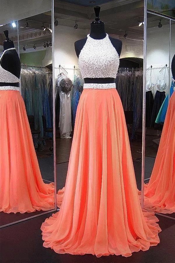 A-line Halter Chiffon Sweep Train Backless Two Piece Prom Dresses PG386