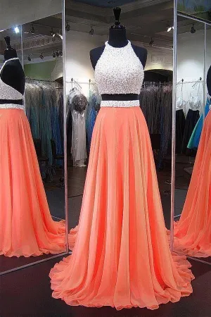 A-line Halter Chiffon Sweep Train Backless Two Piece Prom Dresses PG386