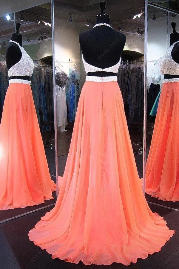A-line Halter Chiffon Sweep Train Backless Two Piece Prom Dresses PG386