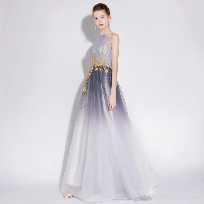 A Line Halter Tulle Long Prom Dress With Appliqued OKL28