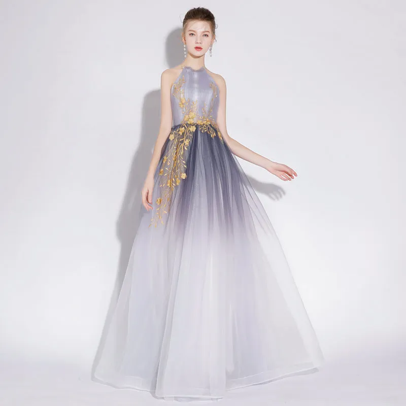 A Line Halter Tulle Long Prom Dress With Appliques OKL28