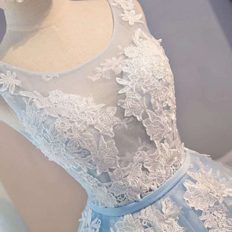A-Line Lace Appliques Round Neck Sky Blue Short Homecoming Dresses OKD7