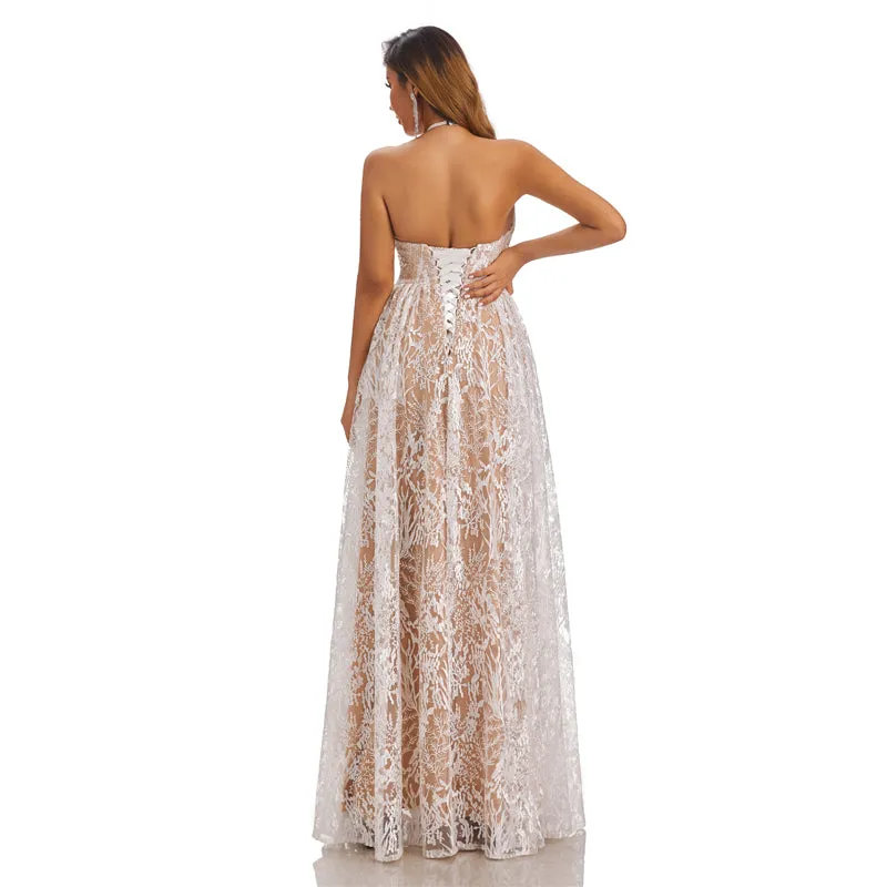 A-Line Lace High Neck Off Shoulder Lace Up Elegant Wedding Dresses,SFWD0051