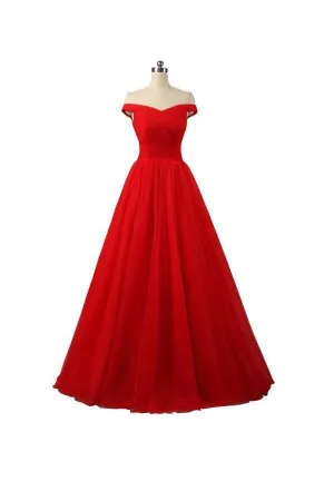 A-line Red Floor Length Tulle PromDresses Evening Dresses PG247