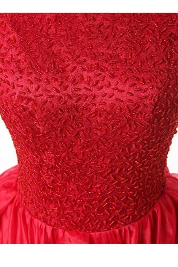 A-line Red Organza Asymmetric Bridesmaid Dress With Beading  BD027