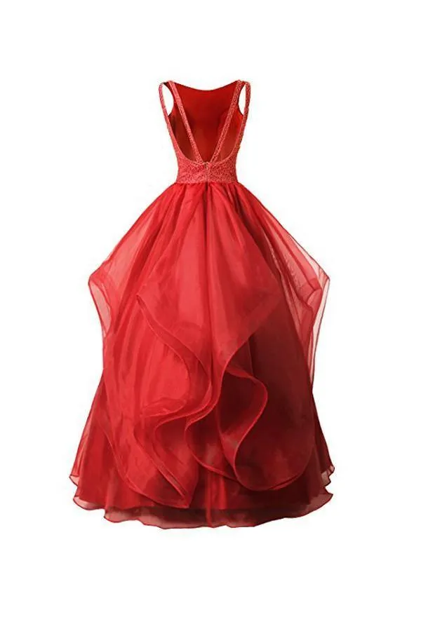 A-line Red Organza Asymmetric Bridesmaid Dress With Beading  BD027