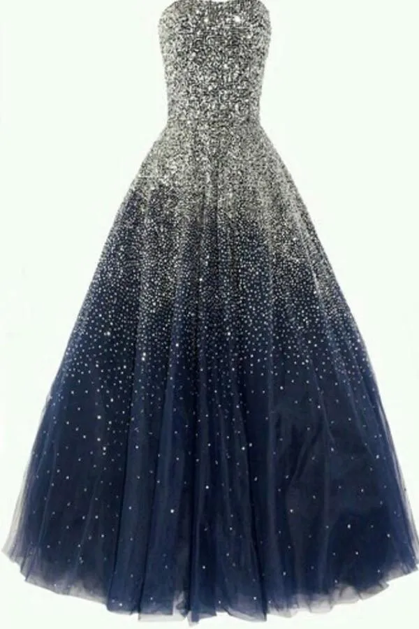 A-line Strapless Beading Tulle Long Navy Blue Prom Dresses PG366