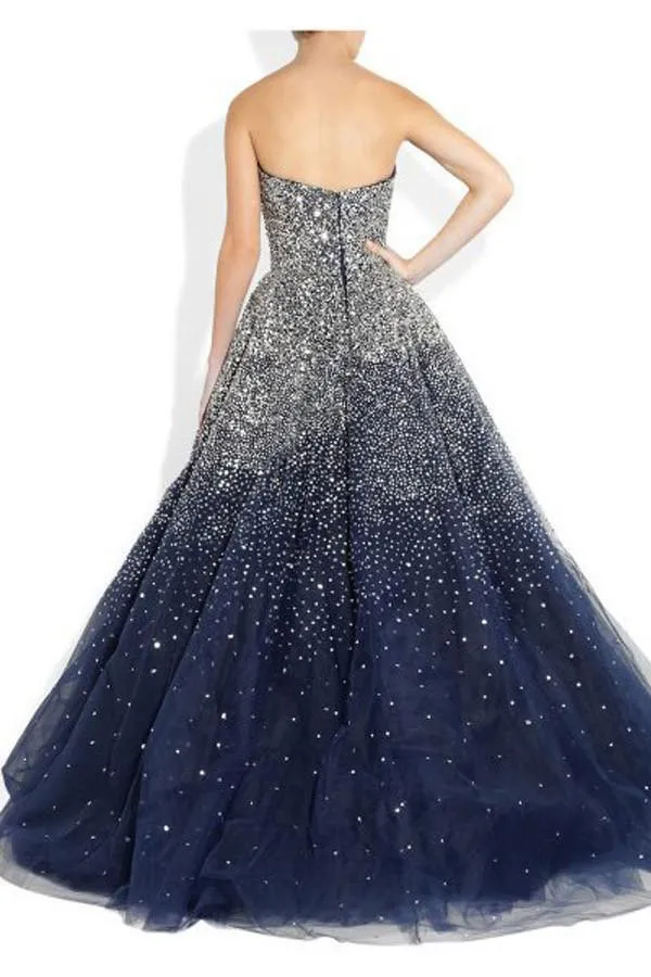 A-line Strapless Beading Tulle Long Navy Blue Prom Dresses PG366