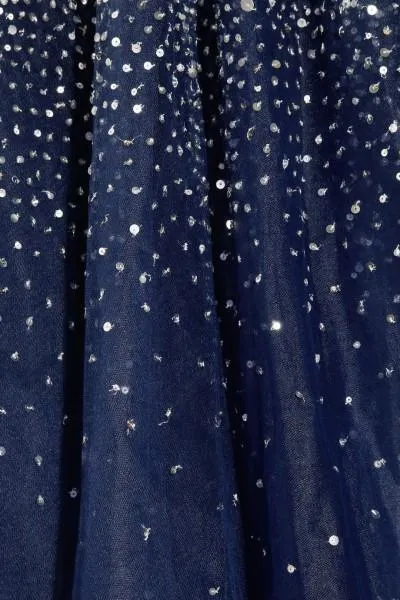A-line Strapless Beading Tulle Long Navy Blue Prom Dresses PG366