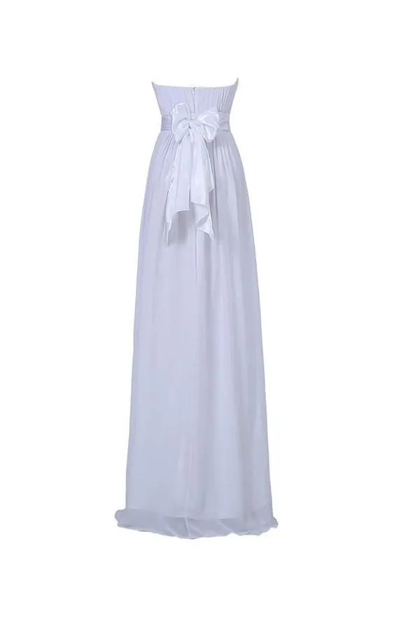 A-line Strapless Floor Length Chiffon White Bridesmaid Dress with Sash BD026