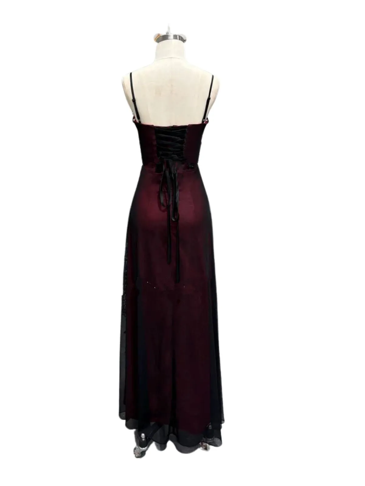 A-line Straps Scoop Neckline Black and Red Beaded Prom Dress, Black and Red Party Dress