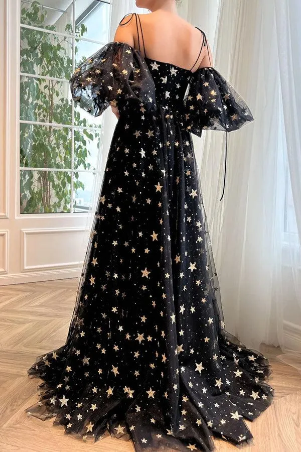 A-Line Tulle Black Long Prom Dress, Black Tulle Formal Evening Dress TP1142