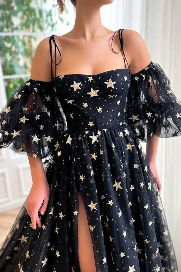 A-Line Tulle Black Long Prom Dress, Black Tulle Formal Evening Dress TP1142