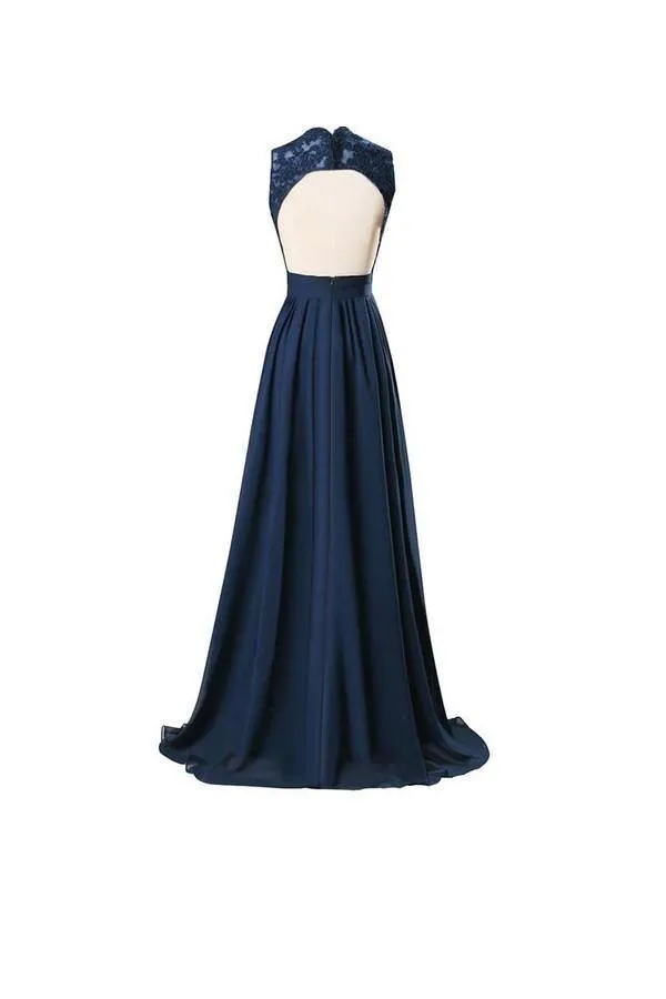 A-line V Neck Open Back Chiffon Long Evening Gown with Lace PG253