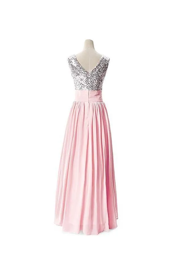 A-line V-neck Sequins Top Chiffon Long Prom Dresses Evening Dresses PG275