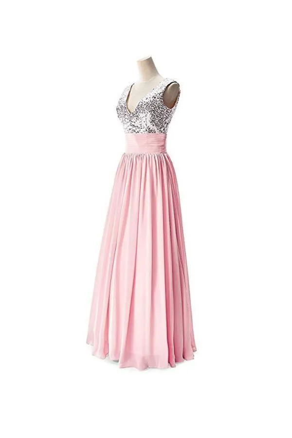 A-line V-neck Sequins Top Chiffon Long Prom Dresses Evening Dresses PG275