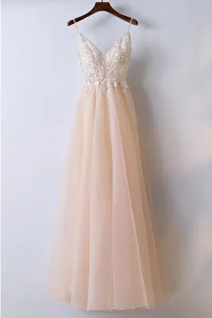 A-Line V Neck Spaghetti Straps Lace Tulle Long Prom Dress, Evening Dress YZ211036