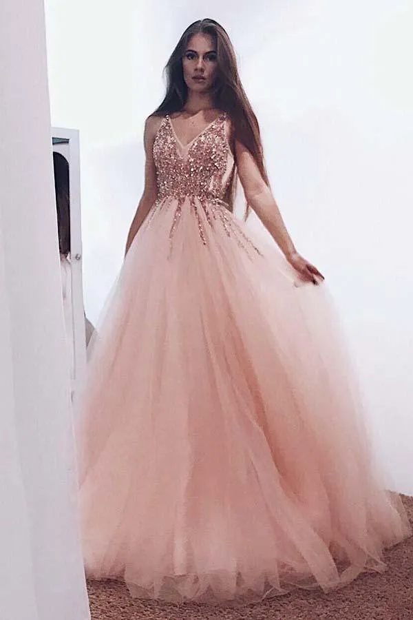 A-Line V-Neck Tulle Backless Prom Dress with Sequins Appliques PG655