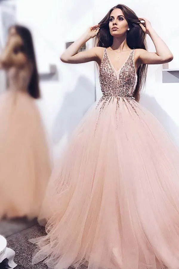 A-Line V-Neck Tulle Backless Prom Dress with Sequins Appliques PG655