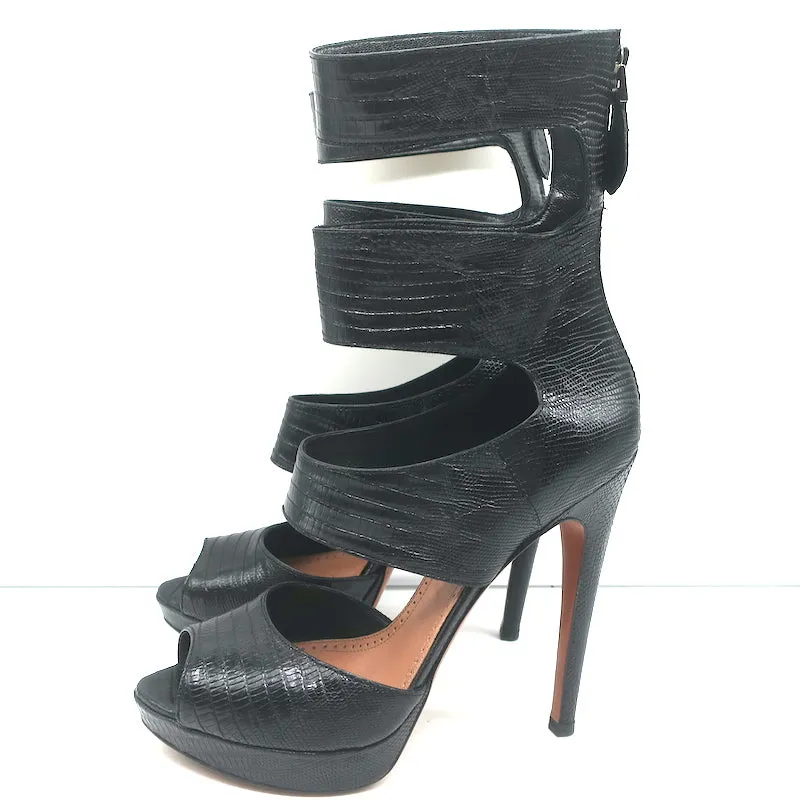 Alaia Cutout Platform Boots Black Lizard-Embossed Leather Size 38.5