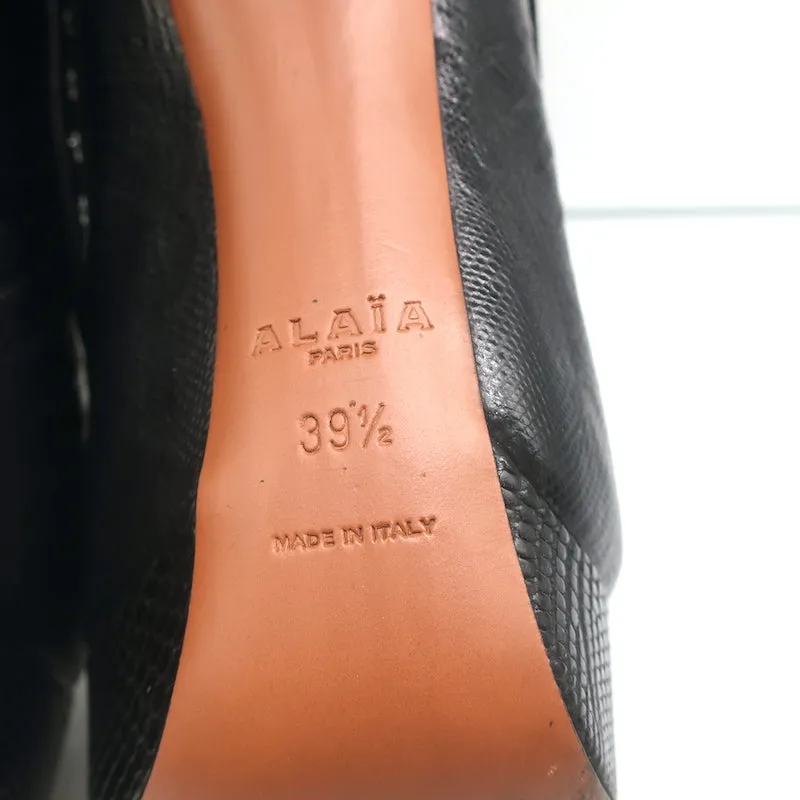 Alaia Studded Platform Boots Black Suede & Lizard-Embossed Leather Size 39.5