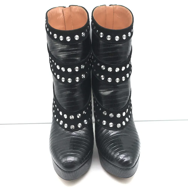 Alaia Studded Platform Boots Black Suede & Lizard-Embossed Leather Size 39.5