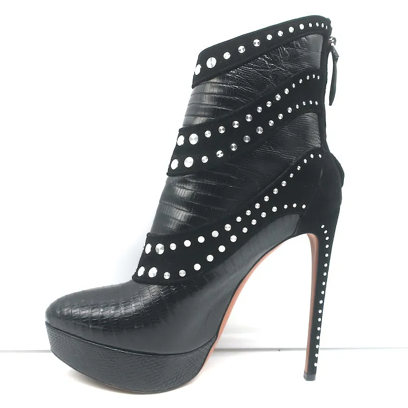 Alaia Studded Platform Boots Black Suede & Lizard-Embossed Leather Size 39.5