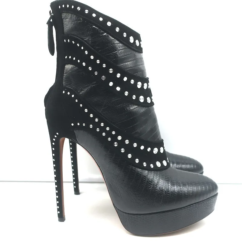 Alaia Studded Platform Boots Black Suede & Lizard-Embossed Leather Size 39.5