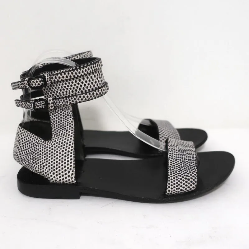 Alexander Wang Ankle Cuff Flat Sandals Alek White/Black Embossed Leather Size 37
