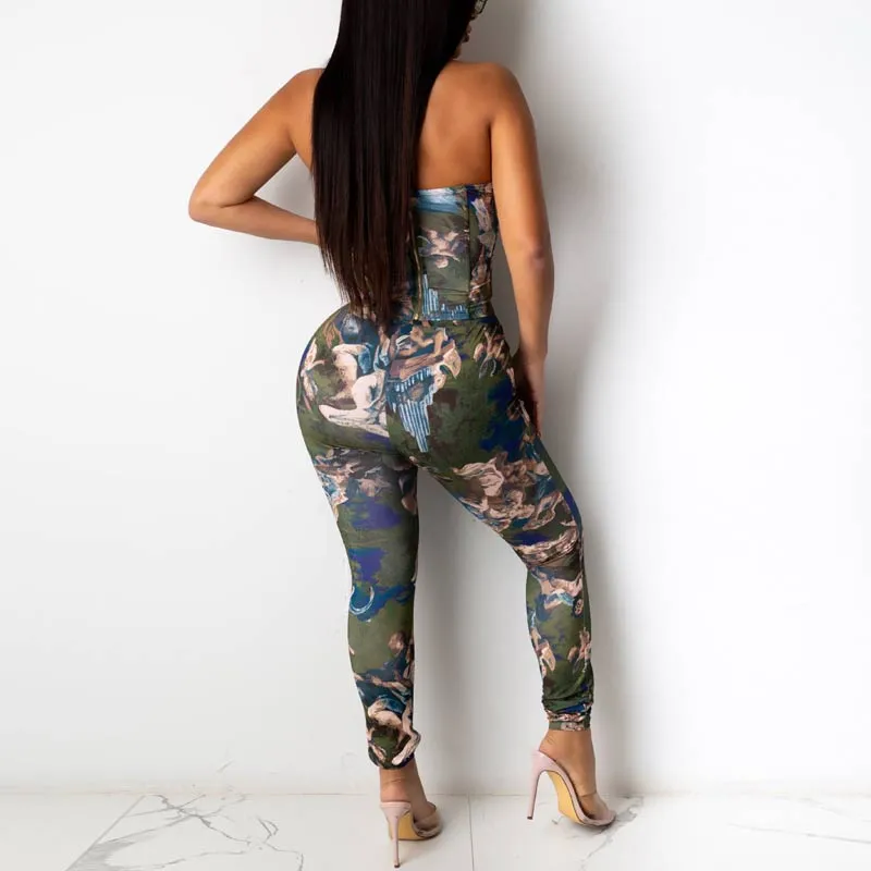 Angel Print Off Shoulder Lace Up Two Piece Set