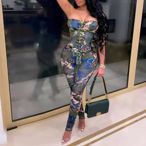 Angel Print Off Shoulder Lace Up Two Piece Set