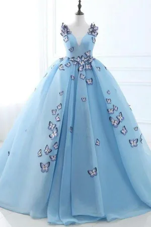 Ball Gown Long Sky Blue Butterfly V Neck Prom Dresses,Quinceanera Dresses OKE79