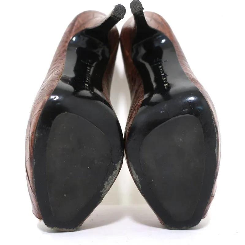 Barbara Bui Platform Pumps Brown Croc-Embossed Leather Size 37 Peep Toe Heels