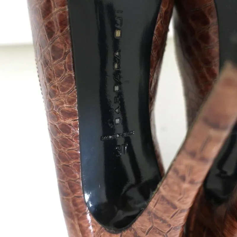 Barbara Bui Platform Pumps Brown Croc-Embossed Leather Size 37 Peep Toe Heels