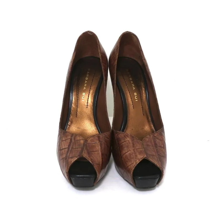 Barbara Bui Platform Pumps Brown Croc-Embossed Leather Size 37 Peep Toe Heels